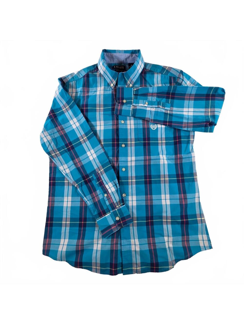 Chaps Men's Medium Blue Plaid Button-Down Shirt Casual Cotton Blend